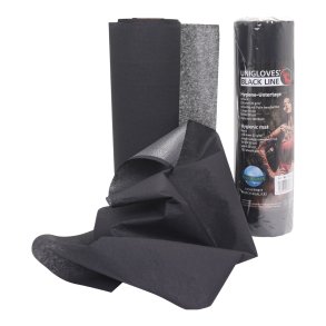 Engangs papier med plastik bagside , i praktisk rulle. Sort.