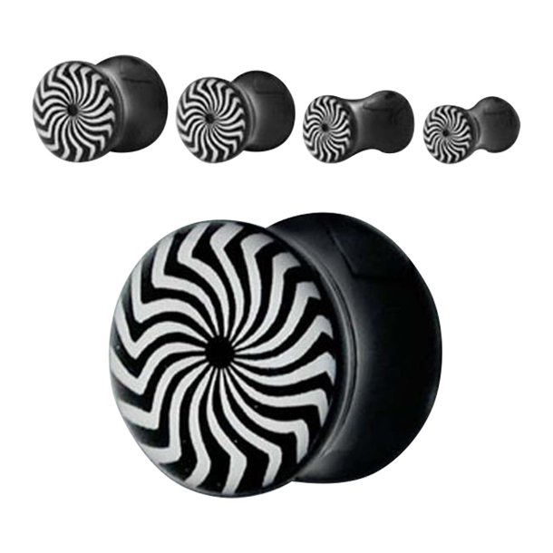 Sort akryl plug med psykedelisk swirl logo